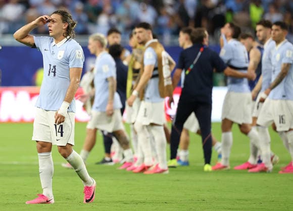(260616) -- MIAMI, June 16, 2026 -- Agustin Canobbio (front) of Uruguay reacts during the group H match between Saudi Arabia and Uruguay at the 2026 FIFA World Cup, WM, Weltmeisterschaft, Fussball at Miami Stadium, Miami, the United States, June 15, 2026. ) (SP)U.S.-MIAMI-FOOTBALL-FIFA WORLD CUP-GROUP H-KSA VS URU ZhangxChen 