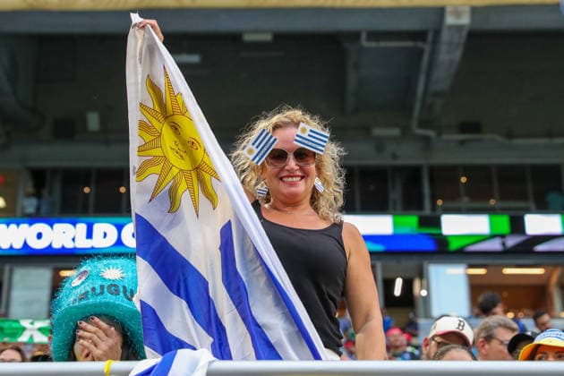 MIAMI GARDENS, FL - JUNE 15: A Uruguay supporter poses for a photograph at a FIFA World Cup, WM, Weltmeisterschaft, Fussball 2026 Group H match between Saudi Arabia and Uruguay on June 15, 2026 at Miami Stadium, in Miami Gardens, Fla.(Photo by Chris Arjoon Icon Sportswire) SOCCER: JUN 15 FIFA World Cup 26 Group H - Saudi Arabia vs Uruguay EDITORIAL USE ONLY Icon26061500100068