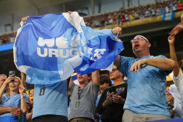 MIAMI GARDENS, FL - JUNE 15: Supporters pose for a photograph at a FIFA World Cup, WM, Weltmeisterschaft, Fussball 2026 Group H match between Saudi Arabia and Uruguay on June 15, 2026 at Miami Stadium, in Miami Gardens, Fla.(Photo by Chris Arjoon Icon Sportswire) SOCCER: JUN 15 FIFA World Cup 26 Group H - Saudi Arabia vs Uruguay EDITORIAL USE ONLY Icon26061500100091