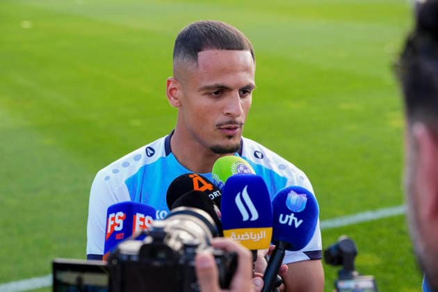 (260616) -- BOSTON, June 16, 2026 -- Ali Alhamadi of Iraq receives an interview during a training session ahead of the group I stage match against Norway at the FIFA World Cup, WM, Weltmeisterschaft, Fussball 2026 in Boston, the United States, June 15, 2026. ) (SP)U.S.-BOSTON-FOOTBALL-FIFA WORLD CUP-TEAM IRAQ-TRAINING ChenxYichen 
