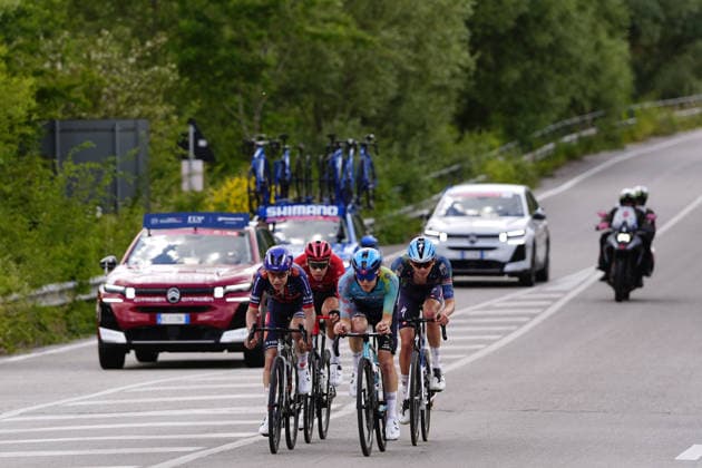 Switzerland s Diego Casagrande of Tudor Pro Cycling Team U23, Italy s Simone Zanini of XDS Astana Development Team, Belgium s Jasper Schoofs of Soudal Quick-Step Devo Team, Belgium s Matteo Vanhuffel of Development Team Picnic PostNL during Stage 3 of the Giro Next Gen 2026, from Sibari to Villa d Agri di Marsicovetere, Italy, Tuesday, June 16, 2026.  Copyright: xFabioxFerrari LaPressex