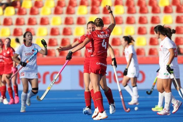 Belgium s Delphine Marien celebrates after scoring during a hockey game between Belgian national team, Nationalteam Red Panthers and China, Tuesday 16 June 2026 in Wavre, match 10 16 in the group stage of the women s FIH Pro League competition. VIRGINIExLEFOUR  x177869832x