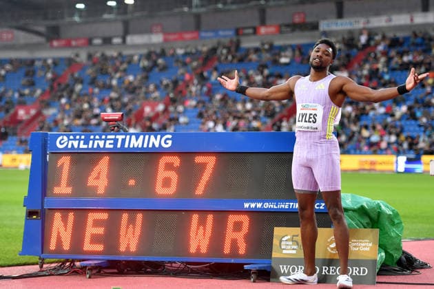 June 16, 2026, Ostrava, Czech Republic: LYLES NOAH of USA competes 150 Metres Men at the World Athletics Continental Tour Golden Spike event in Ostrava in the Czech Republic. ..Lyles Noah celebrate World record with 14.67 seconds. Ostrava Czech Republic - ZUMAr156 20260616_aap_r156_004 Copyright: xSlavekxRutax