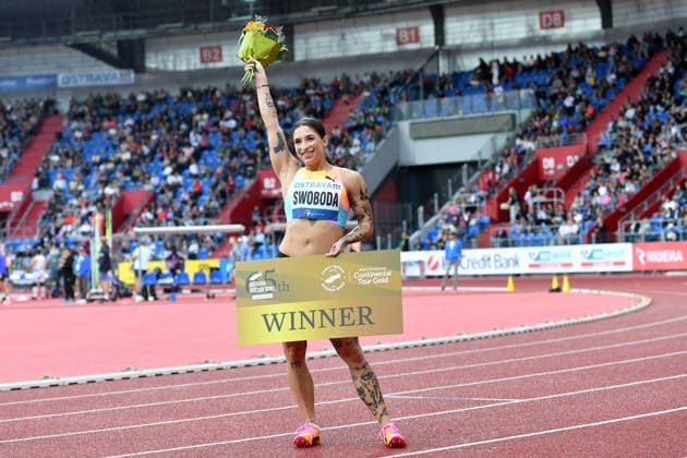 June 16, 2026, Ostrava, Czech Republic: EVA SWOBODA of Poland celebrates after winning 100 Metres Women at the World Athletics Continental Tour Golden Spike event in Ostrava in the Czech Republic. Ostrava Czech Republic - ZUMAr156 20260616_aap_r156_005 Copyright: xSlavekxRutax