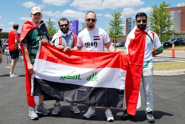 FOXBOROUGH, MA - JUNE 16: Proud fans of Iraq pose on their way to Boston Stadium before a FIFA World Cup, WM, Weltmeisterschaft, Fussball 2026 Group I match between Iraq and Norway on June 16, 2026 at Boston Stadium in Foxborough, Massachusetts. (Photo by Fred Kfoury III Icon Sportswire) SOCCER: JUN 16 FIFA World Cup 26 Group I - Iraq vs Norway EDITORIAL USE ONLY Icon482260616001