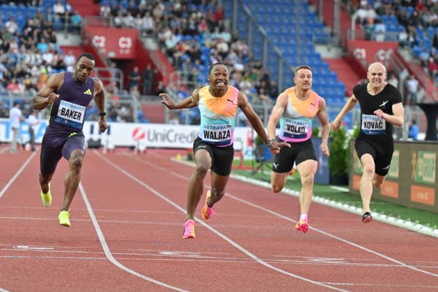 From left sprintes Ronnie Baker of USA, winner Bayanda Walaza of South Africa, Jan Volko of Slovakia, Dan Kovac of Czech Republic in action during the Golden Spike Ostrava 2026 - World Athletics Continental Tour Gold, in Ostrava, Czech Republic, on June 16, 2026. (CTKxPhoto JaroslavxOzana) CTKPhotoP2026061608568  CTKPhotoP2026061608568