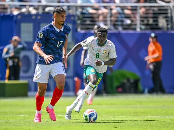 William Saliba of France and Lamine Camara of Senegal battle for the ball during the 2026 FIFA World Cup Group I match between France and Senegal at New York New Jersey Stadium on June 16, 2026, in East Rutherford, United States. Photo by Harry Langer, DeFodi Images,detected_source_language