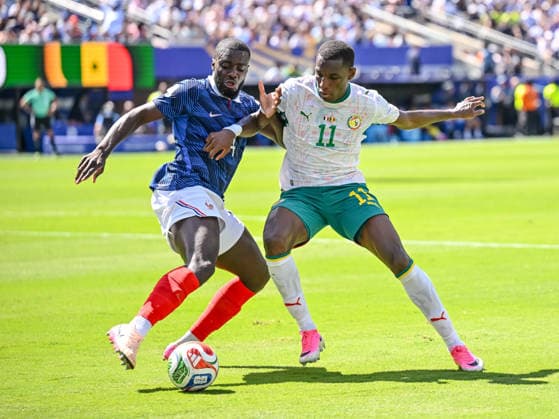 Dayot Upamecano of France and Nicolas Jackson of Senegal battle for the ball during the 2026 FIFA World Cup Group I match between France and Senegal at New York New Jersey Stadium on June 16, 2026, in East Rutherford, United States. Photo by Harry Langer, DeFodi Images,detected_source_language