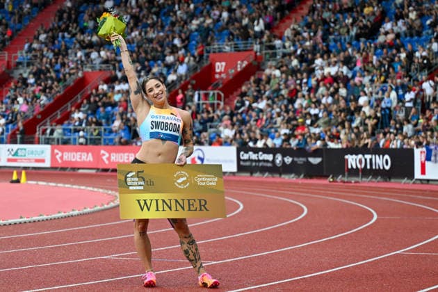 Ewa Swoboda of Poland celebrates victory after the 100m during the Golden Spike Ostrava 2026 - World Athletics Continental Tour Gold, in Ostrava, Czech Republic, on June 16, 2026. (CTKxPhoto JaroslavxOzana) CTKPhotoP2026061609805  CTKPhotoP2026061609805