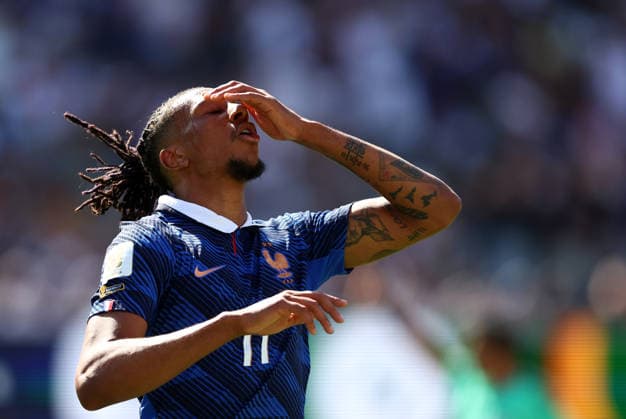 New Jersey, USA, 16th June 2026. Michael Olise of France reacts after a missed chance during the France vs Senegal FIFA World Cup, WM, Weltmeisterschaft, Fussball match at Metlife Stadium, New Jersey. Picture credit should read: Paul Terry Sportimage EDITORIAL USE ONLY. No use with unauthorised audio, video, data, fixture lists, club league logos or live services. Online in-match use limited to 120 images, no video emulation. No use in betting, games or single club league player publications. SPI_051_PT_France_Senegal SPI-4837-0051