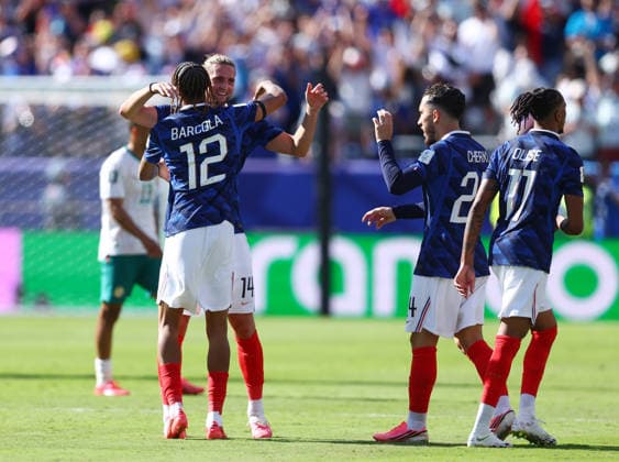 New Jersey, USA, 16th June 2026. Bradley Barcola of France and Adrien Rabiot of France celebrate at the final whistle during the France vs Senegal FIFA World Cup, WM, Weltmeisterschaft, Fussball match at Metlife Stadium, New Jersey. Picture credit should read: Paul Terry Sportimage EDITORIAL USE ONLY. No use with unauthorised audio, video, data, fixture lists, club league logos or live services. Online in-match use limited to 120 images, no video emulation. No use in betting, games or single club league player publications. SPI_083_PT_France_Senegal SPI-4837-0083