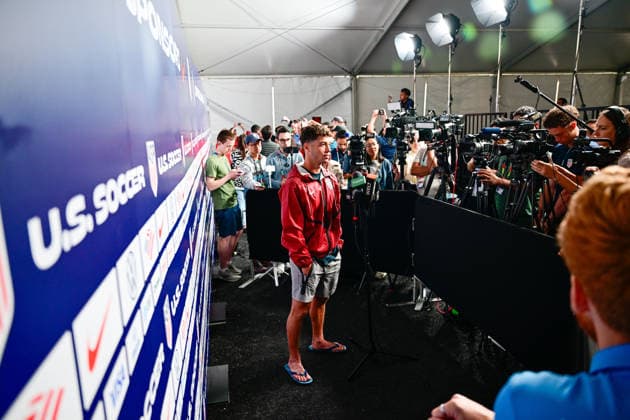 CA: USMNT Holds Media Day Ahead of Australia Match in Irvine, USA - 16 Jun 2026 Sebastian Berhalter (14) of the United States Men s national team, Nationalteam speaks during a press conference, PK, Pressekonferenz at Great Park ahead of the team s FIFA World Cup, WM, Weltmeisterschaft, Fussball 2026 Group D match against Australia at SoFi Stadium. Irvine United States Copyright: xWestonxHancockx xSOPAxImagesx Weston Hancock June 16 - 1490