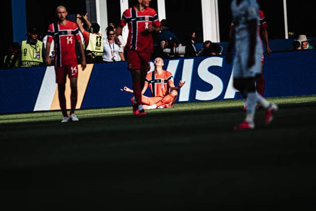 Mens Soccer 2026 FIFA World Cup Group I Iraq vs. Norway June 16, 2026 Goal celebration Erling Haaland 9, Norway sitting cross-legged on the ground in a meditative pose Boston, Boston Stadium, Massachusetts, United States of America,detected_source_language