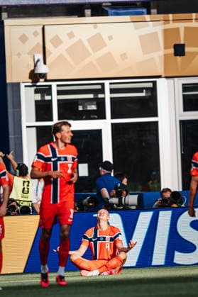 Mens Soccer 2026 FIFA World Cup Group I Iraq vs. Norway June 16, 2026 Goal celebration by Erling Haaland (9), Norway, meditating cross-legged on the ground at Boston Stadium in Boston, Massachusetts, United States of America,detected_source_language