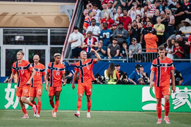Mens Soccer 2026 FIFA World Cup Group I Iraq vs. Norway June 16, 2026 Erling Haaland 9, Norway celebrates after scoring his second goal of the game Boston, Boston Stadium, Massachusetts, United States of America,detected_source_language