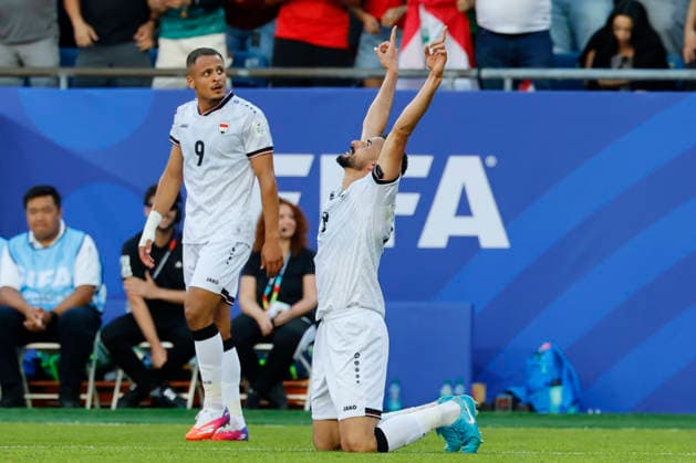 Iraq forward Ayman Hussein celebrates his goal against Norway in action during the first half of their FIFA World Cup, WM, Weltmeisterschaft, Fussball match at Gillette Stadium in Foxborough, Massachusetts, on Tuesday, June 16, 2026.  BOP20260616016 CJxGUNTHER