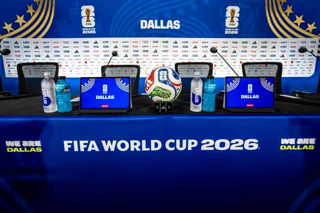 DALLAS press conference table during the 2026 World Cup, Englands Matchday 1 press conference at AT&T Stadium on June 16, 2026, in Dallas, United States. Photo by Stefan Koops, EYE4IMAGES, DeFodi Images,detected_source_language
