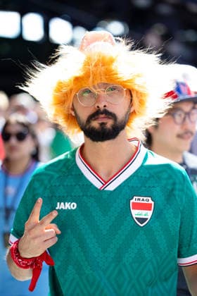June 16, 2026; Foxborough, Massachusetts, USA; An Iraq supporter poses for a photo ahead of a FIFA World Cup, WM, Weltmeisterschaft, Fussball 2026 Group I match between Iraq and Norway at Boston Stadium. (c) CSM - ZUMAc04_ 20260616_zma_c04_031 Copyright: xBurtxGranofskyx