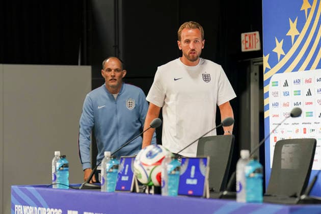 England v Croatia, FIFA World Cup, WM, Weltmeisterschaft, Fussball 2026 press conference, PK, Pressekonferenz England forward Harry Kane (9) and England Head Coach Thomas Tuchel GER arrive for the England Press Conference ahead of the England v Croatia FIFA WORLD CUP 2026 match, Dallas Stadium, Arlington, United States on 16 June 2026 Credit: Eleanor Hoad Every Second Media Editorial use only. All images are copyright Every Second Media Limited. No images may be reproduced without prior permission. Copyright: xIMAGO EveryxSecondxMediax ESM-2041-0008 EleanorxHoadx xEveryxSecondxMediax
