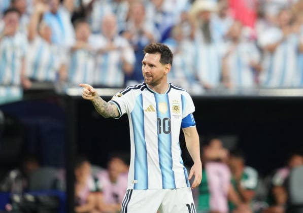 Lionel Andres Messi of Argentina scores and celebrates his teams first goal during the match between Argentina and Algeria in Group J of the 2026 FIFA World Cup at Kansas Stadium in Kansas, United States, on June 16, 2026. Photo by Thor Wegner, DeFodi Images,detected_source_language