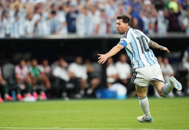 Lionel Andres Messi of Argentina scores and celebrates his teams first goal during the match between Argentina and Algeria in Group J of the 2026 FIFA World Cup at Kansas Stadium in Kansas, United States, on June 16, 2026. Photo by Thor Wegner, DeFodi Images,detected_source_language