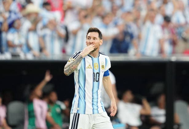 Lionel Andres Messi of Argentina scores and celebrates his teams first goal during the match between Argentina and Algeria in Group J of the 2026 FIFA World Cup at Kansas Stadium in Kansas, United States, on June 16, 2026. Photo by Thor Wegner, DeFodi Images,detected_source_language