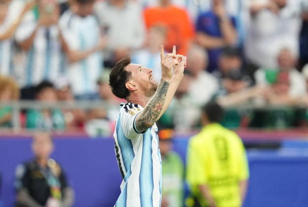 Lionel Andres Messi of Argentina scores and celebrates his teams first goal during the match between Argentina and Algeria in Group J of the 2026 FIFA World Cup at Kansas Stadium in Kansas, United States, on June 16, 2026. Photo by Thor Wegner, DeFodi Images,detected_source_language
