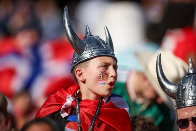 Iraq v Norway Group I - FIFA World Cup, WM, Weltmeisterschaft, Fussball 2026 FOXBOROUGH, MASSACHUSETTS - JUNE 16: A young Norway fan wearing a Viking helmet cheers from the stands during the FIFA World Cup 2026 match between Iraq and Norway at Boston Stadium on June 16, 2026. photo by Ayman Aref JNA Press MASSACHUSETTS Copyright: x xAymanxArefxMohamedxSaadxElxDinx xJNAxPressx