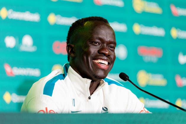 SOCCER AUSTRALIA TRAINING, Socceroos player Awer Mabil seen during a press conference, PK, Pressekonferenz at the Oakland Roots Sports Club in Alameda, California, United States, Tuesday, June 16, 2026. ( NO ARCHIVING Alameda California United States  Copyright: xJasonxHenryx 20260617170663383761