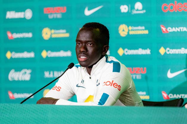 SOCCER AUSTRALIA TRAINING, Socceroos player Awer Mabil seen during a press conference, PK, Pressekonferenz at the Oakland Roots Sports Club in Alameda, California, United States, Tuesday, June 16, 2026. ( NO ARCHIVING Alameda California United States  Copyright: xJasonxHenryx 20260617188334275070