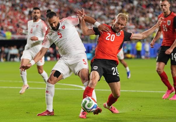 Austria v Jordan - FIFA World Cup, WM, Weltmeisterschaft, Fussball 2026 - Group J SANTA CLARA, UNITED STATES - JUNE 16: Yazan al-Arab (5) of Jordan in action against Konrad Laimer (20) of Austria during 2026 FIFA World Cup First Stage Group J match between Austria and Jordan at San Francisco Bay Area Stadium (Levi’s Stadium) in Santa Clara, California, United States on June 16, 2026. Tayfun Coskun Anadolu California United States. Editorial use only. Please get in touch for any other usage.  Copyright: x2026xAnadoluxTayfunxCoskunx