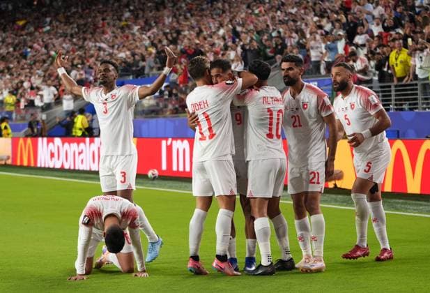 Austria v Jordan - FIFA World Cup, WM, Weltmeisterschaft, Fussball 2026 - Group J SANTA CLARA, UNITED STATES - JUNE 16: Ali Olwan (9) of Jordan celebrates with his teammates after scoring a goal during 2026 FIFA World Cup First Stage Group J match between Austria and Jordan at San Francisco Bay Area Stadium (Levi’s Stadium) in Santa Clara, California, United States on June 16, 2026. Tayfun Coskun Anadolu California United States. Editorial use only. Please get in touch for any other usage.  Copyright: x2026xAnadoluxTayfunxCoskunx