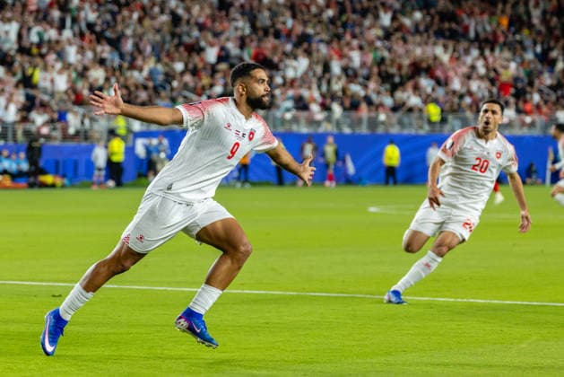 SANTA CLARA, CA - JUNE 16: Ali Olwan 9 of Jordan celebrates a goal in the second half of the FIFA World Cup, WM, Weltmeisterschaft, Fussball 2026 Group J match between Austria and Jordan on June 16, 2026 at San Francisco Bay Area Stadium in Santa Clara, CA. (Photo by Matthew Huang Icon Sportswire) SOCCER: JUN 16 FIFA World Cup 26 Group J - Austria vs Jordan EDITORIAL USE ONLY Icon260616020