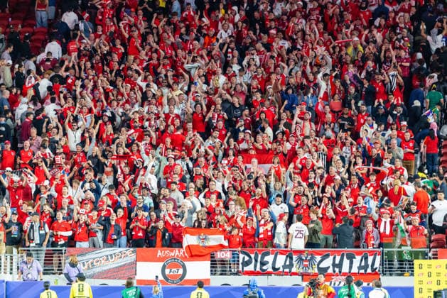 SANTA CLARA, CA - JUNE 16: Austria fans cheer after the FIFA World Cup, WM, Weltmeisterschaft, Fussball 2026 Group J match between Austria and Jordan on June 16, 2026 at San Francisco Bay Area Stadium in Santa Clara, CA. (Photo by Matthew Huang Icon Sportswire) SOCCER: JUN 16 FIFA World Cup 26 Group J - Austria vs Jordan EDITORIAL USE ONLY Icon260616028