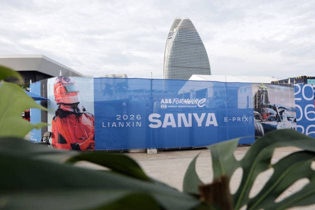 A screen printed with FE advertising in front of the backdrop of the Atlantis Hotel, Hainan Island, China, FIA Formula E World Championship Season 12, Sanya E-Prix, China, June 17, 2026, preparations ,detected_source_language