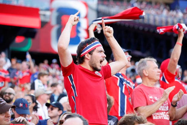FOXBOROUGH, MA - JUNE 16: A fan of Norway cheers on his team during the FIFA World Cup, WM, Weltmeisterschaft, Fussball 2026 Group I match between Iraq and Norway on June 16, 2026, at Boston Stadium in Foxborough, MA. (Photo by M. Anthony Nesmith Icon Sportswire) SOCCER: JUN 16 FIFA World Cup 26 Group I - Iraq vs Norway EDITORIAL USE ONLY Icon26061648