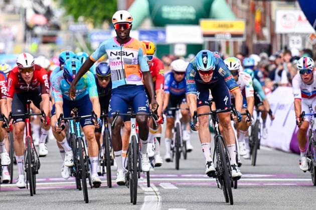 Baloise Belgium Tour 2026 Stage 1 SCHERPENHEUVEN-ZICHEM, BELGIUM - JUNE 17 : Merlier Tim (BEL) of Soudal Quick Step, Girmay Biniam (ERI) of NSN Cycling Team at the finish line during stage 1 of the 95th edition of Baloise Tour of Belgium an UCI ProSeries 2.Pro cycling road race stage for Men Elite of 187.9 km with start in Scherpenheuven-Zichem and finish in Scherpenheuven-Zichem on June 17, 2026 in Scherpenheuven-Zichem, Belgium, 17 06 2026 ( Motordriver Stephan Boone - Scherpenheuven-Zichem Belgium  Copyright: xTomasxSiskx