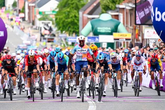 Baloise Belgium Tour 2026 Stage 1 SCHERPENHEUVEN-ZICHEM, BELGIUM - JUNE 17 : Merlier Tim (BEL) of Soudal Quick Step, Girmay Biniam (ERI) of NSN Cycling Team at the finish line during stage 1 of the 95th edition of Baloise Tour of Belgium an UCI ProSeries 2.Pro cycling road race stage for Men Elite of 187.9 km with start in Scherpenheuven-Zichem and finish in Scherpenheuven-Zichem on June 17, 2026 in Scherpenheuven-Zichem, Belgium, 17 06 2026 ( Motordriver Stephan Boone - Scherpenheuven-Zichem Belgium  Copyright: xTomasxSiskx