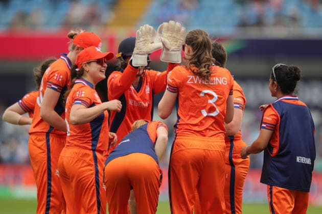 India Women v Netherlands Women, ICC Women s T20 World Cup Netherlands Women celebrate the wicket of Shafali Verma of India Women during the ICC Women s T20 World Cup match between India Women and Netherlands Women at Headingley Stadium, Leeds, UK on 17 June 2026. Leeds Headingley Stadium West Yorkshire UK Editorial use only , Copyright: xAlunxRobertsx PSI-24328-0023