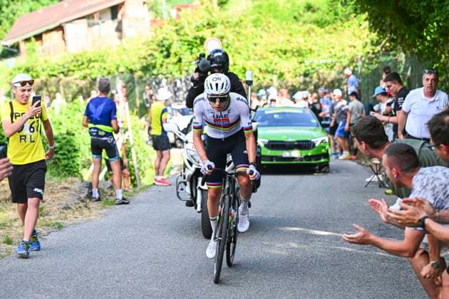 Tour de Suisse 2026 Stage 1 SONDRIO, ITALY - JUNE 17 : Pogacar Tadej (SLO) of UAE Team Emirates XRG solo breakaway during stage 1 of the 89th edition of Tour de Suisse an UCI World Tour 2.UWT cycling road race stage for Men Elite of 144 km with start in Sondrio and finish in Sondrio on June 17, 2026 in Sondrio, Italy, 17 06 2026 ( Motordriver Guy De Vuyst - Sondrio Italy  Copyright: xVincentxKalutx