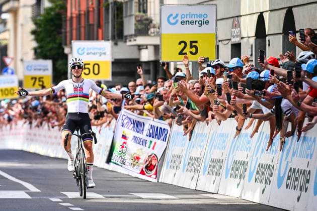 Tour de Suisse 2026 Stage 1 SONDRIO, ITALY - JUNE 17 : Pogacar Tadej (SLO) of UAE Team Emirates XRG celebrating his victory during stage 1 of the 89th edition of Tour de Suisse an UCI World Tour 2.UWT cycling road race stage for Men Elite of 144 km with start in Sondrio and finish in Sondrio on June 17, 2026 in Sondrio, Italy, 17 06 2026 ( Motordriver Guy De Vuyst - Sondrio Italy  Copyright: xVincentxKalutx