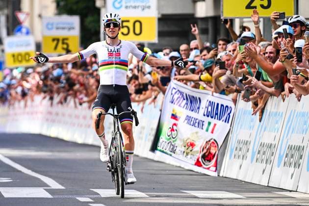 Tour de Suisse 2026 Stage 1 SONDRIO, ITALY - JUNE 17 : Pogacar Tadej (SLO) of UAE Team Emirates XRG celebrating his victory during stage 1 of the 89th edition of Tour de Suisse an UCI World Tour 2.UWT cycling road race stage for Men Elite of 144 km with start in Sondrio and finish in Sondrio on June 17, 2026 in Sondrio, Italy, 17 06 2026 ( Motordriver Guy De Vuyst - Sondrio Italy  Copyright: xVincentxKalutx