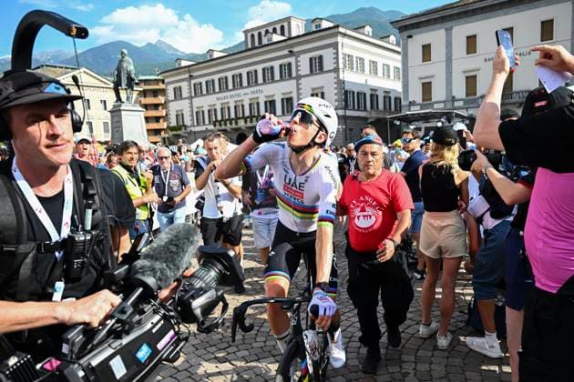 Tour de Suisse 2026 Stage 1 SONDRIO, ITALY - JUNE 17 : Pogacar Tadej (SLO) of UAE Team Emirates XRG after the race during stage 1 of the 89th edition of Tour de Suisse an UCI World Tour 2.UWT cycling road race stage for Men Elite of 144 km with start in Sondrio and finish in Sondrio on June 17, 2026 in Sondrio, Italy, 17 06 2026 ( Motordriver Guy De Vuyst - Sondrio Italy  Copyright: xVincentxKalutx