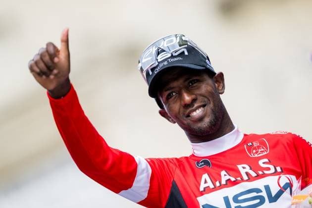 Eritrean Biniam Girmay of NSN Cycling Team celebrates on the podium after winning stage 1 of the Baloise Belgium Tour cycling race, 187,9 km with start and finish in Scherpenheuvel-Zichem, Wednesday 17 June 2026. The Baloise Belgium Tour takes place from 17 to 21 June. JASPERxJACOBS  x177947123x