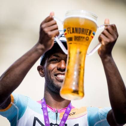 Eritrean Biniam Girmay of NSN Cycling Team celebrates on the podium after winning stage 1 of the Baloise Belgium Tour cycling race, 187,9 km with start and finish in Scherpenheuvel-Zichem, Wednesday 17 June 2026. The Baloise Belgium Tour takes place from 17 to 21 June. JASPERxJACOBS  x177947136x