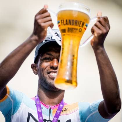 Eritrean Biniam Girmay of NSN Cycling Team celebrates on the podium after winning stage 1 of the Baloise Belgium Tour cycling race, 187,9 km with start and finish in Scherpenheuvel-Zichem, Wednesday 17 June 2026. The Baloise Belgium Tour takes place from 17 to 21 June. JASPERxJACOBS  x177947207x