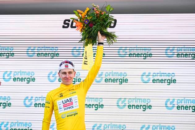Tour de Suisse 2026 Stage 1 SONDRIO, ITALY - JUNE 17 : Pogacar Tadej (SLO) of UAE Team Emirates XRG on the podium during stage 1 of the 89th edition of Tour de Suisse an UCI World Tour 2.UWT cycling road race stage for Men Elite of 144 km with start in Sondrio and finish in Sondrio on June 17, 2026 in Sondrio, Italy, 17 06 2026 ( Motordriver Guy De Vuyst - Sondrio Italy  Copyright: xVincentxKalutx