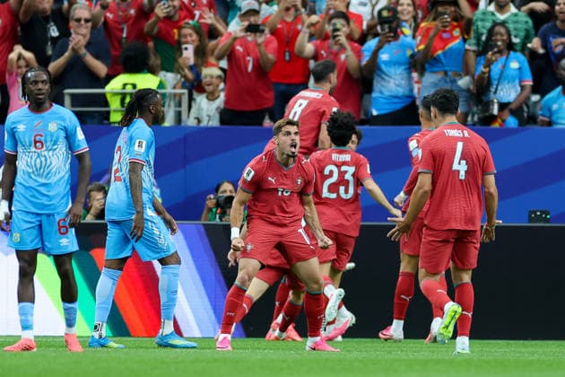 Joao Neves of Portugal celebrates with his teammates after scoring his teams first goal during the 2026 FIFA World Cup Group K match between Portugal and the Democratic Republic of the Congo at Houston Stadium on June 17, 2026, in Houston, United States. Photo by Torbjorn Tande, DeFodi Images,detected_source_language