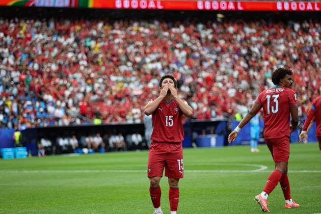 Joao Neves seen celebrating after scoring goal during FIFA World Cup, WM, Weltmeisterschaft, Fussball 2026 game between national teams of Portugal and DR Congo (Grzegorz Wajda Ball Raw Images) Arlington Dallas Stadium USA Copyright: xGrzegorzxWajdax grzegorzawajda_portugal_drcongo_2526_1-5