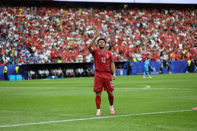 Joao Neves seen celebrating after scoring goal during FIFA World Cup, WM, Weltmeisterschaft, Fussball 2026 game between national teams of Portugal and DR Congo (Grzegorz Wajda Ball Raw Images) Arlington Dallas Stadium USA Copyright: xGrzegorzxWajdax grzegorzawajda_portugal_drcongo_2526_1-7